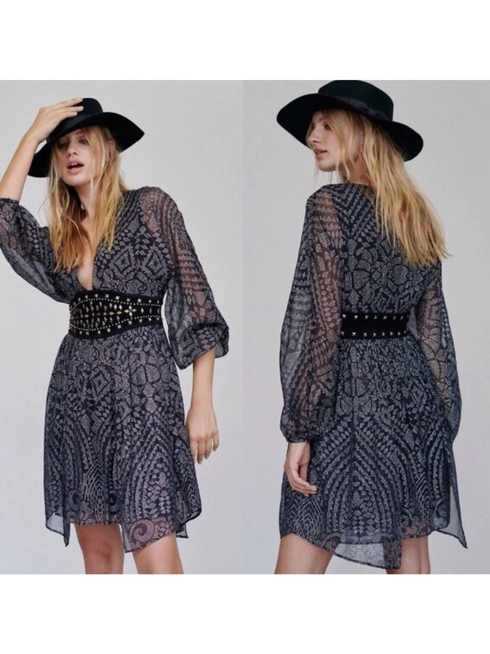 Free People Moonbelt Mini Dress Womens 6 Black Lace Beaded Goth Boho